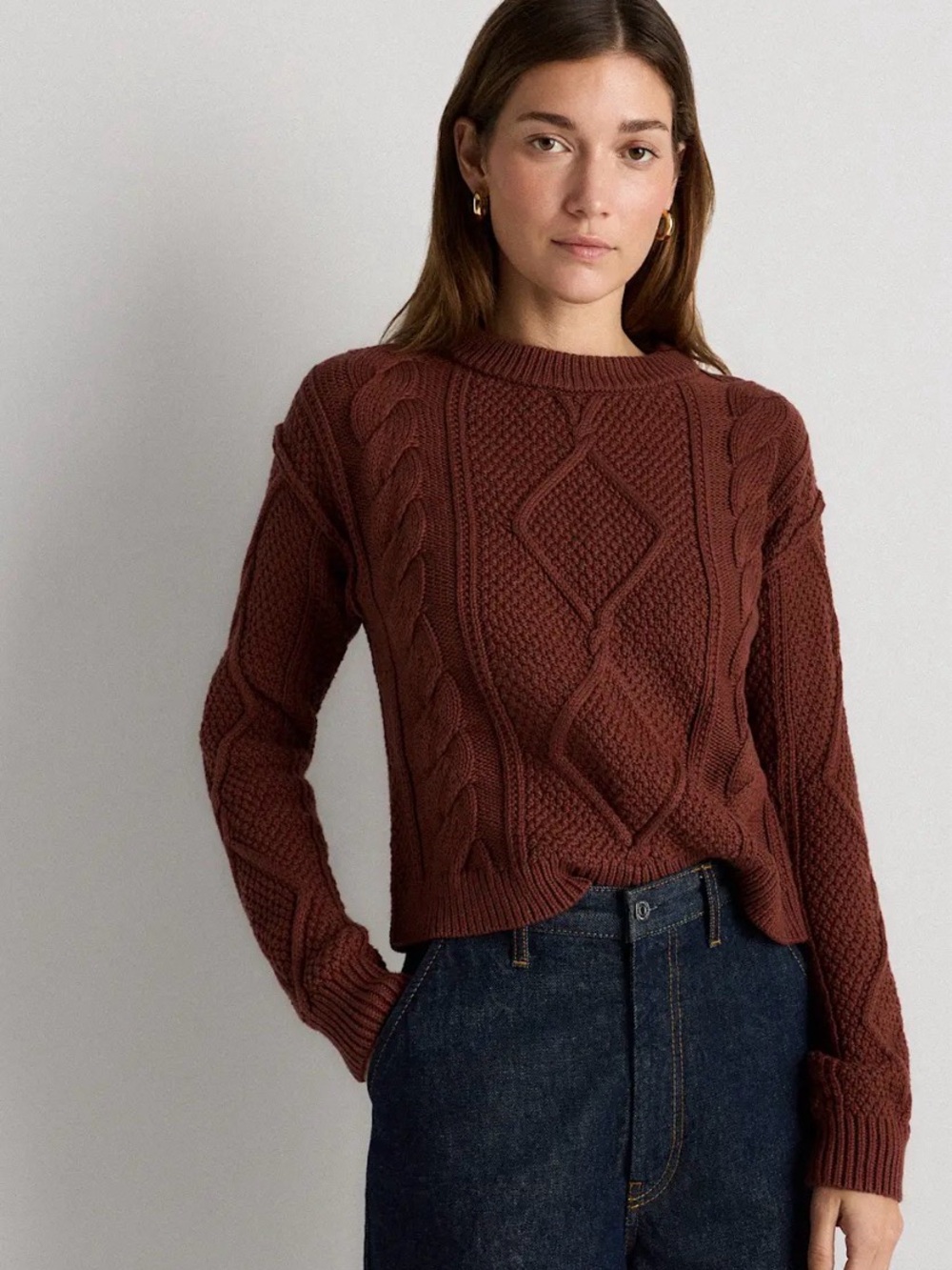Quince 100% Organic Cotton Cable Knit Crewneck Sweater Medium Redwood Brown